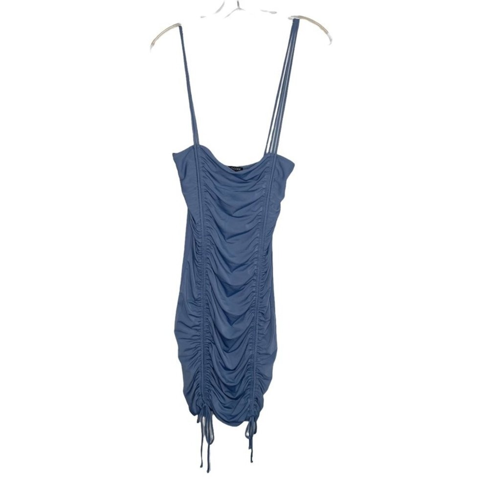 MIND CODE Blue Ruched Bodycon Mini Dress Spaghetti Strap Size M 10223